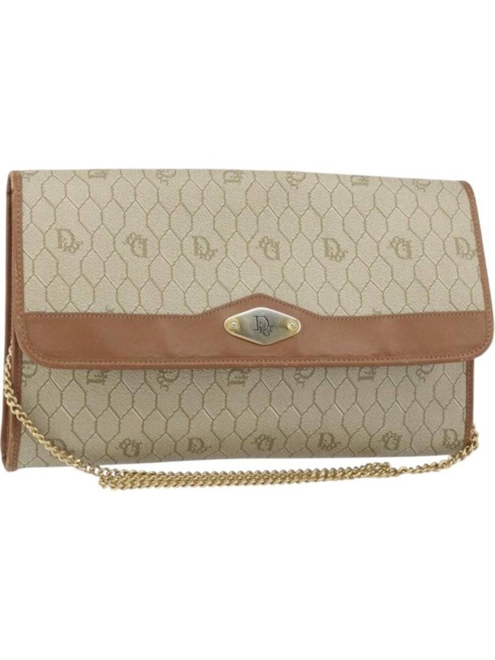Christian Dior Honeycomb Canvas Chain Shoulder Bag PVC Beige Gold